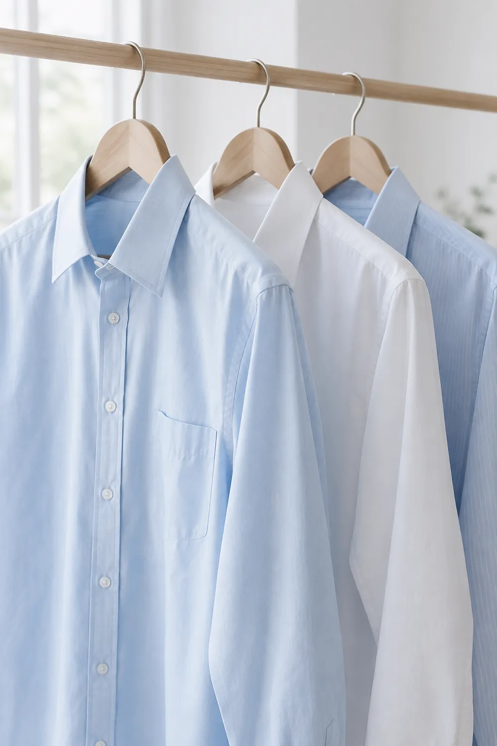 A row of freshly ironed shirts on wooden hangers