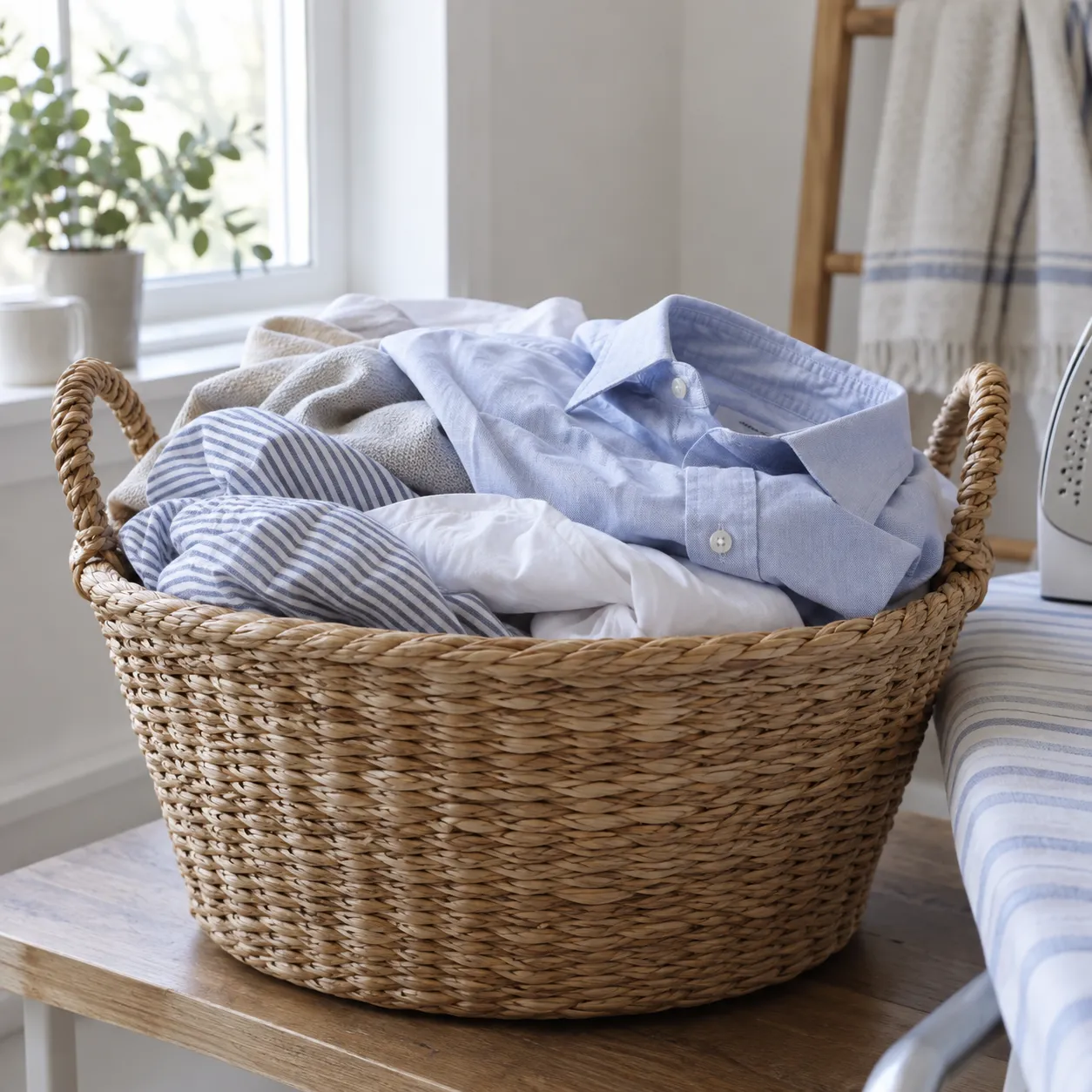 A basket of everyday shirts and clothes beside a sunlit window