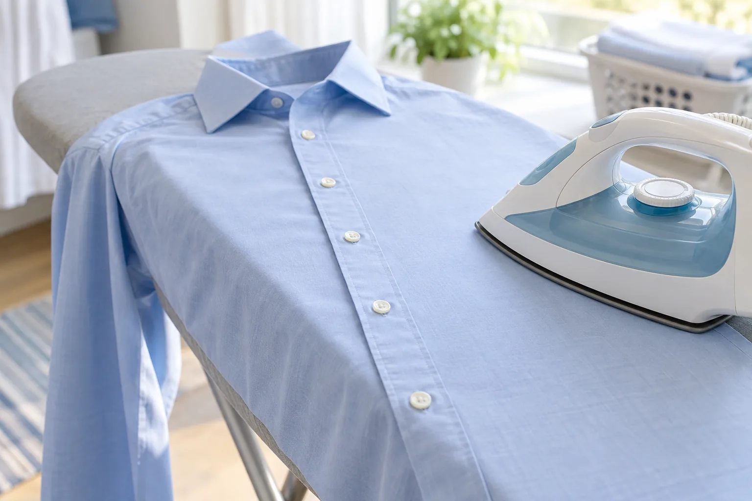 An iron resting on a pale blue cotton shirt