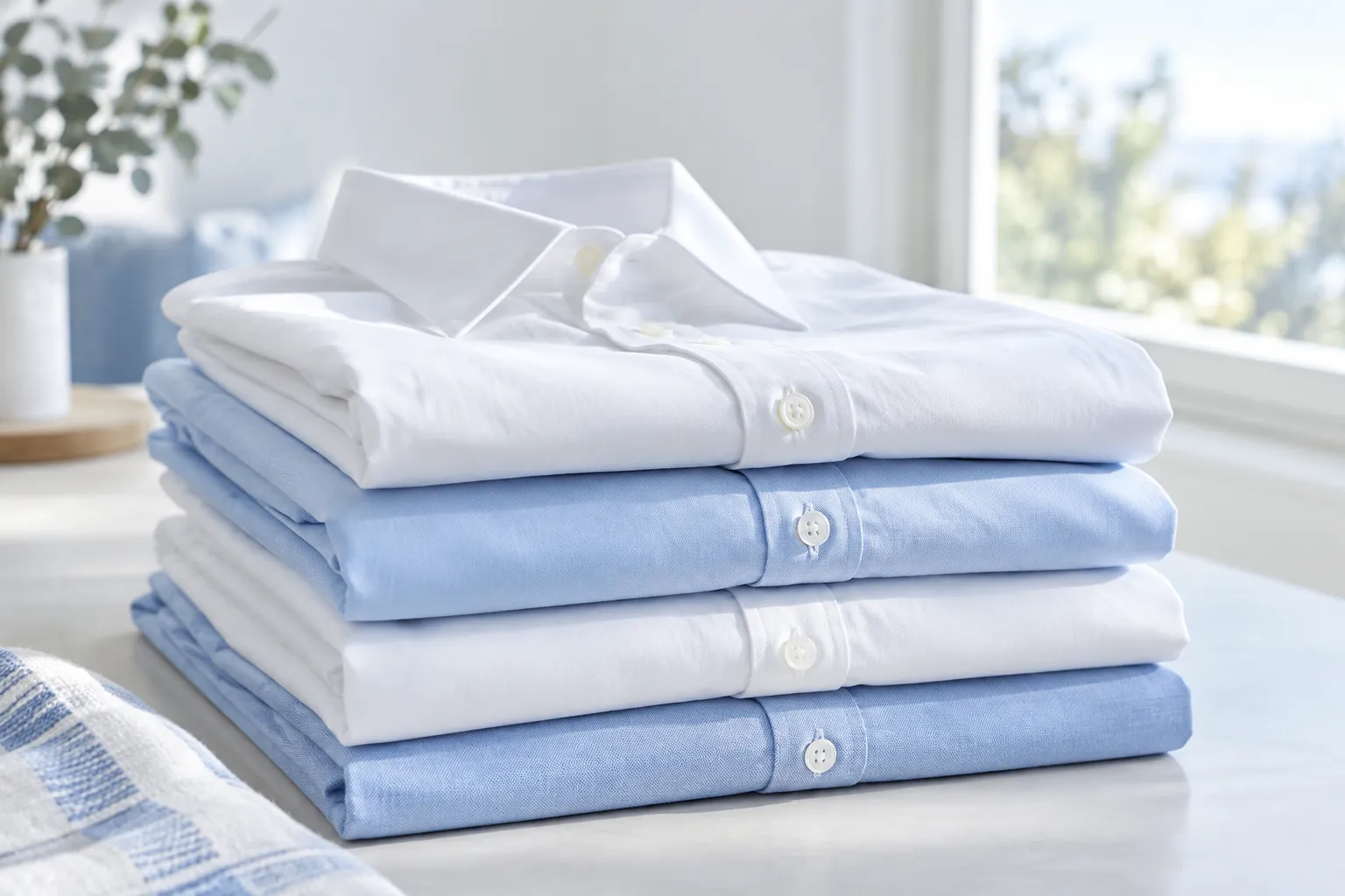 Freshly pressed blue and white shirts, folded ready to wear
